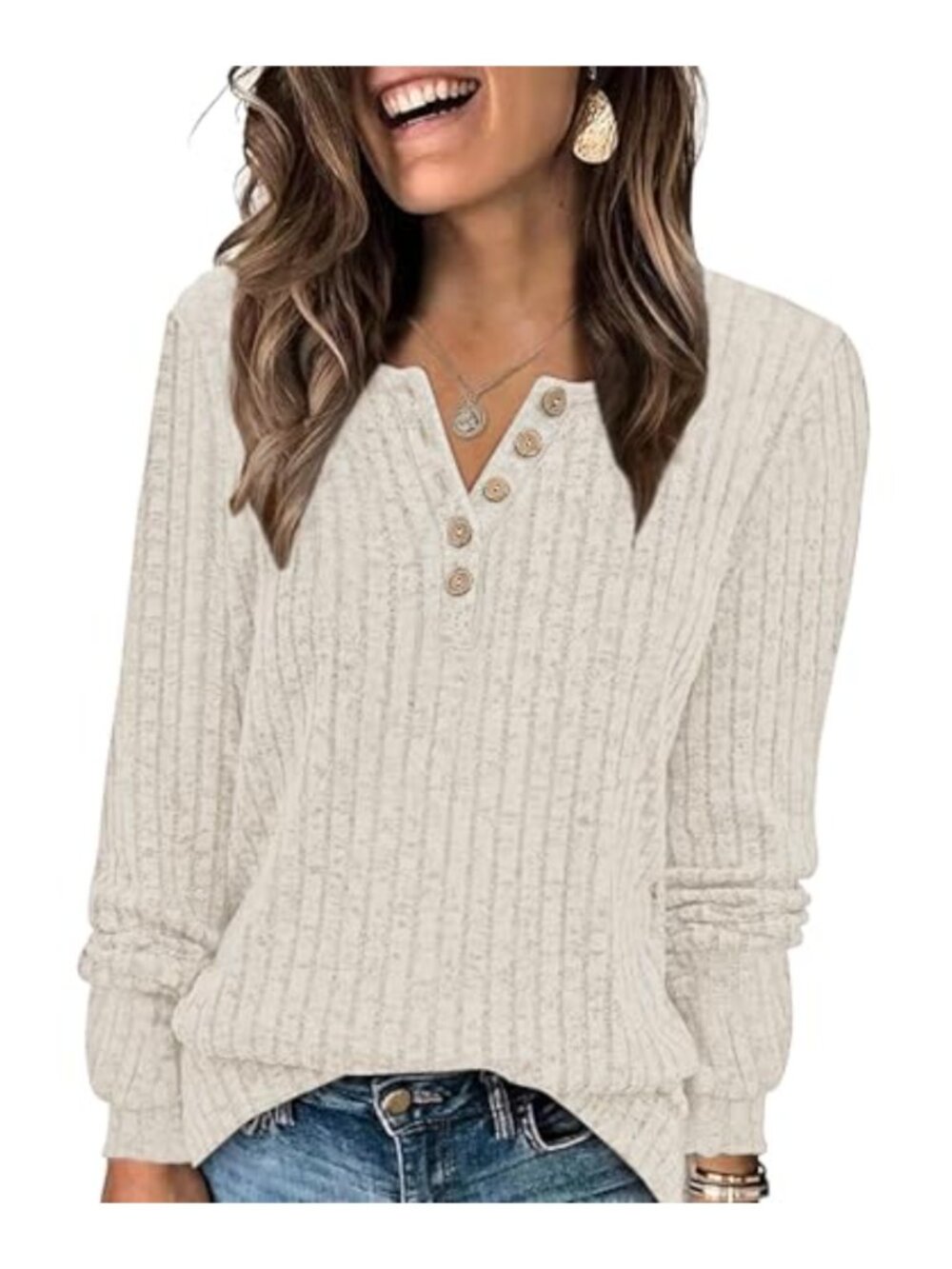 Lightweight Henley Sweater Lantern Sleeve Tunic Top Fall Layering